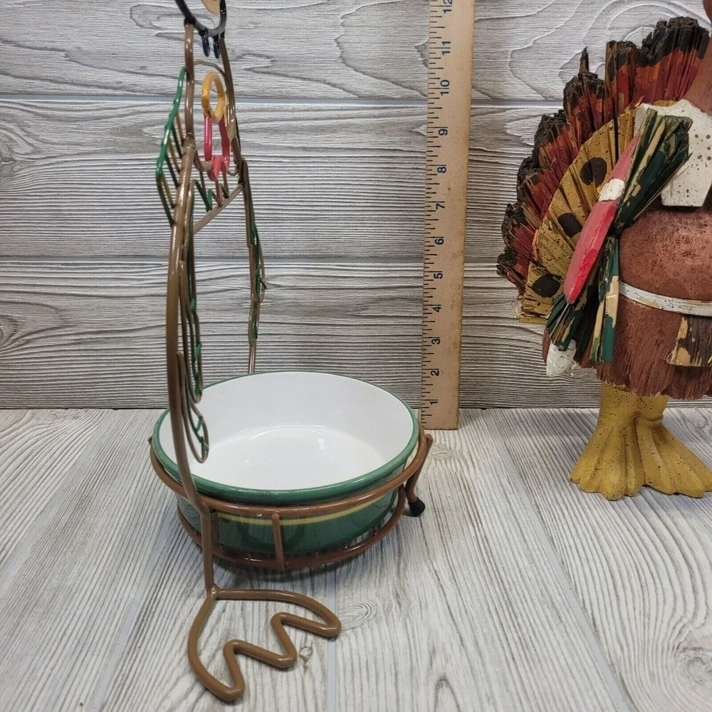 LTD Commodities Thanksgiving Turkey Decor Set Brown Green Wire Dish and Figurine